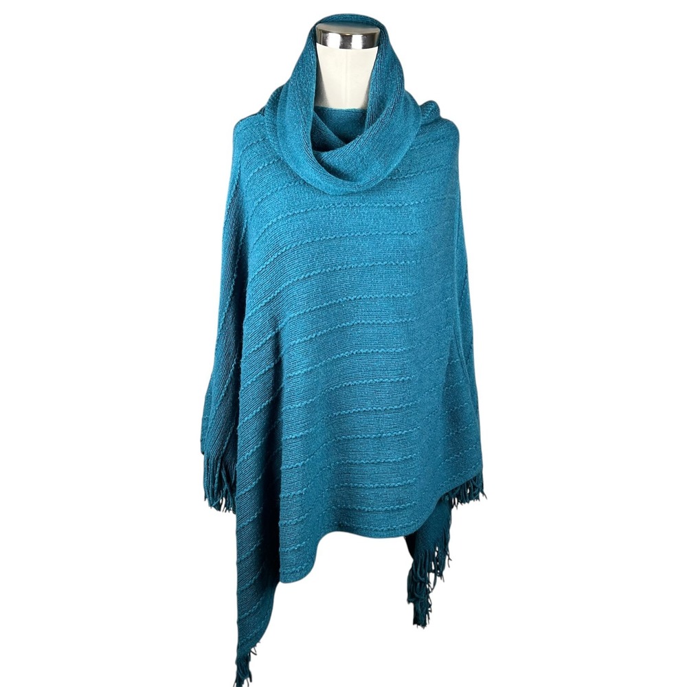 BCBG Maxazria Turtle Neck Teal Shawl Women's Size L Pullover‎ Fringe Bottom Cozy